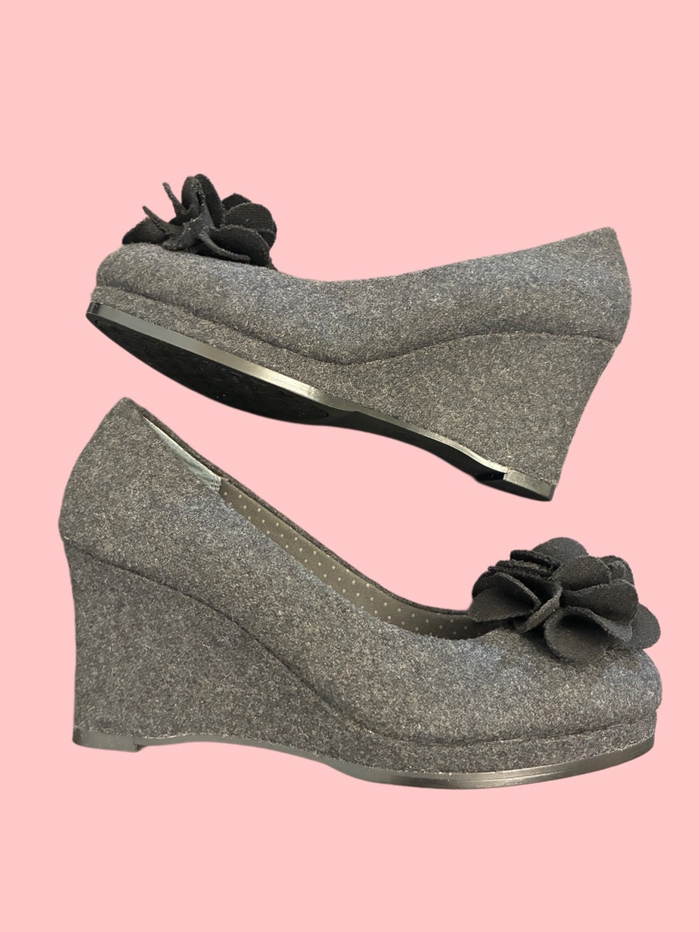 lindsay phillips Gray Felt Wedge Pumps with Floral Accent